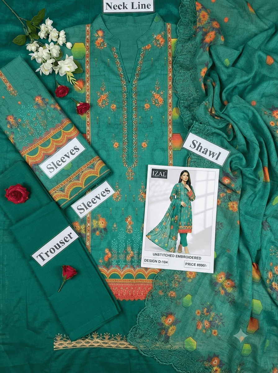 RIVAJ Emerald Green Embroidered Lawn 3-Piece suit with matching trousers and dupatta