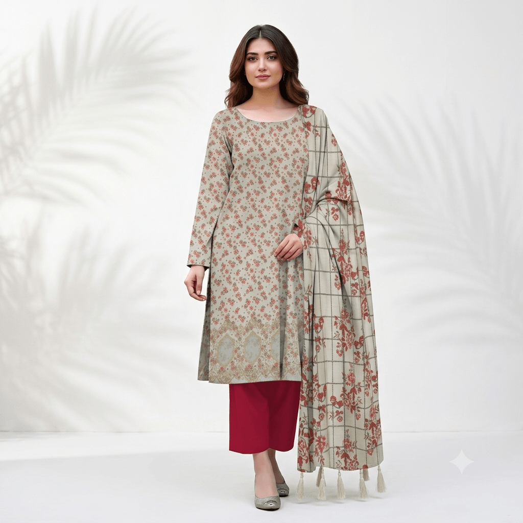 Daman Chicken kari 3pc-996 kurti set by RIVAJ, beige with red floral print, red pants, matching dupatta