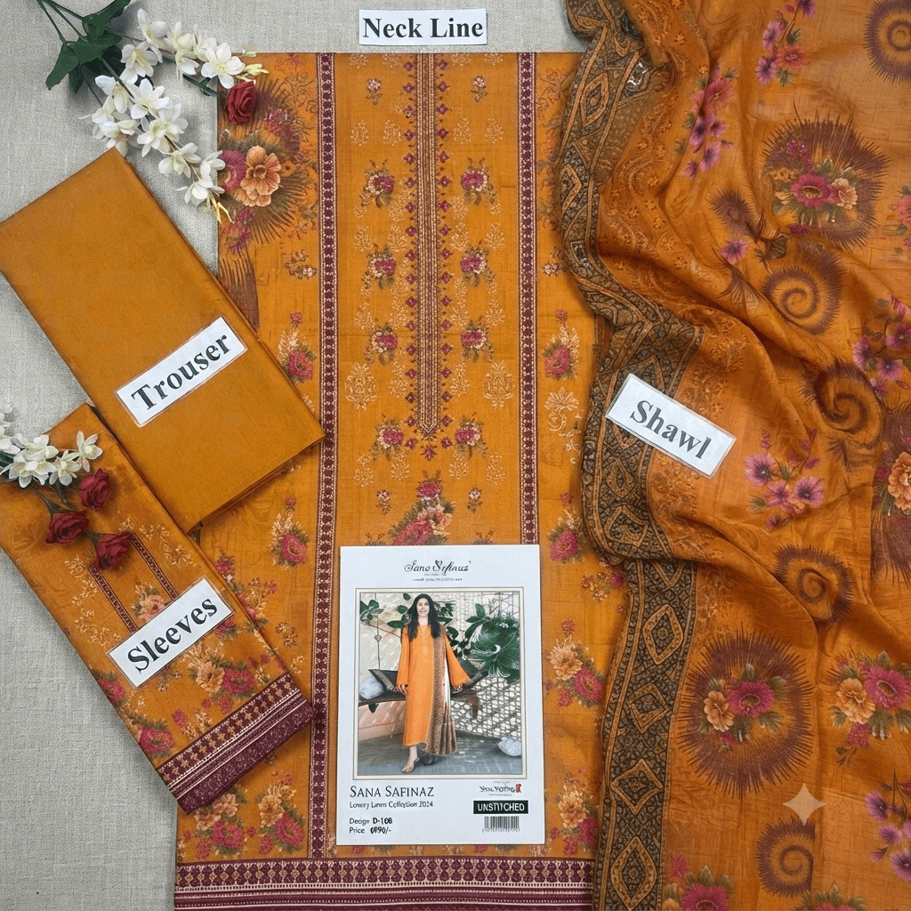 Camel brown embroidered lawn 3-piece suit with neck line, sleeves, trousers, and shawl