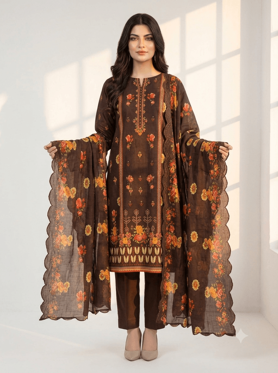 Chocolate Brown Embroidered Lawn 3-Piece suit by RIVAJ with floral dupatta