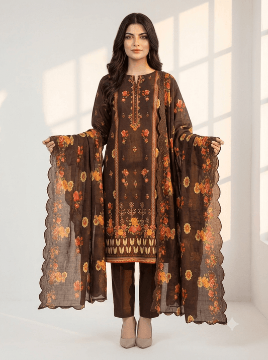 Chocolate Brown Embroidered Lawn 3-Piece suit by RIVAJ with floral dupatta