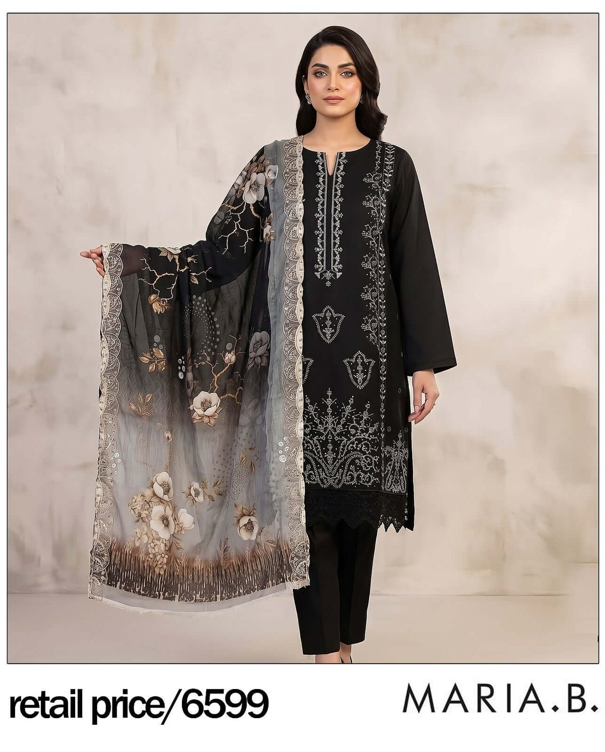 Classic Black Embroidered Lawn 3-Piece unstitched suit set by RIVAJ with sheer floral dupatta