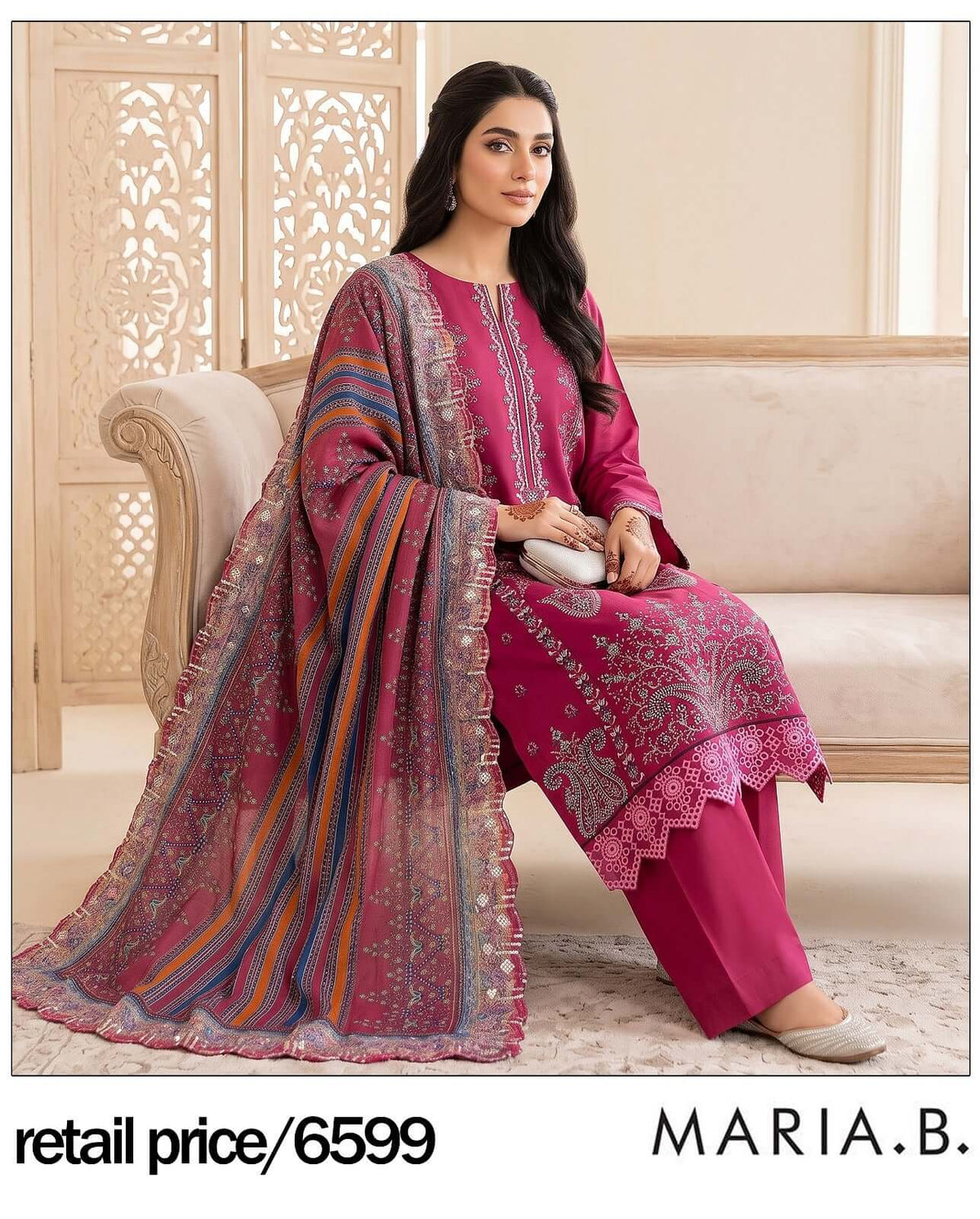 RIVAJ Magenta Pink Embroidered Lawn 3-Piece Unstitched Suit Set with striped dupatta
