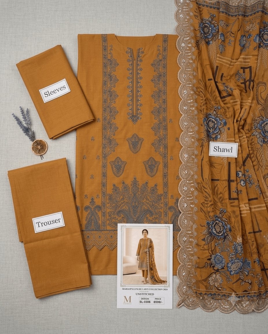 Golden mustard lawn 3-Piece unstitched suit set with ornate embroidery, matching dupatta and trousers