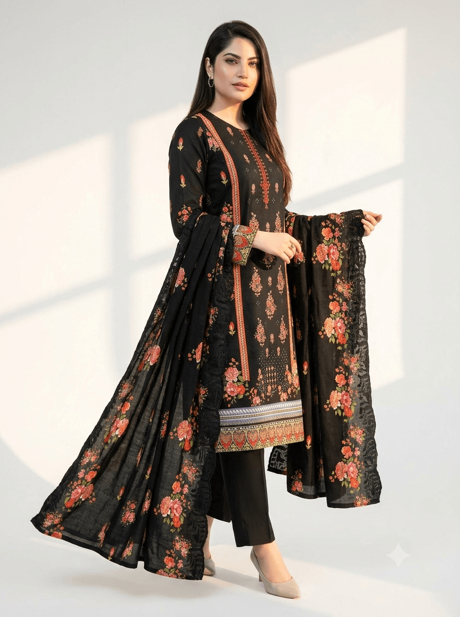 RIVAJ Jet Black Floral Embroidered Lawn 3-Piece Suit with Matching Dupatta