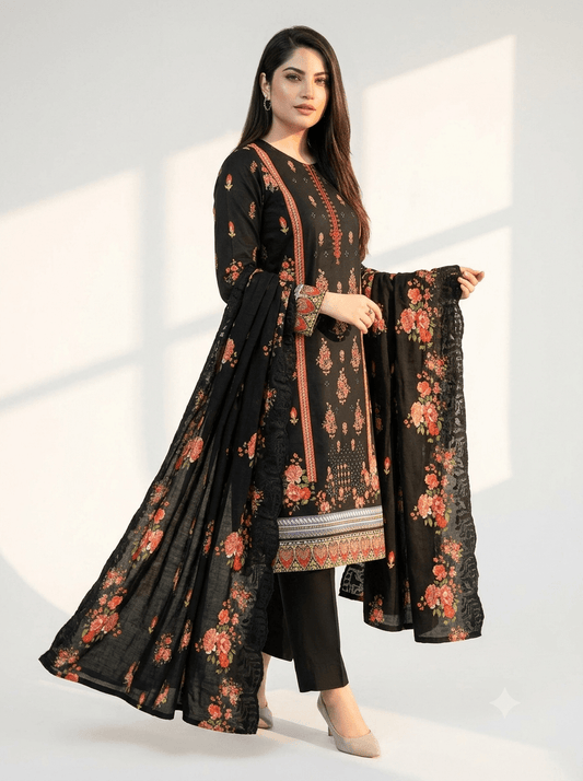 RIVAJ Jet Black Floral Embroidered Lawn 3-Piece Suit with Matching Dupatta