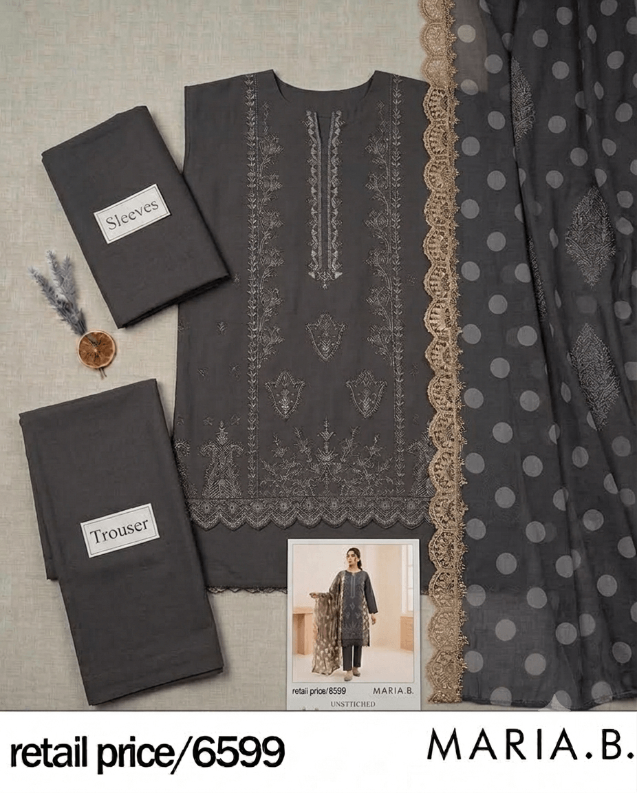 Charcoal grey embroidered lawn 3-piece unstitched suit set by RIVAJ with gold lace dupatta and matching trousers
