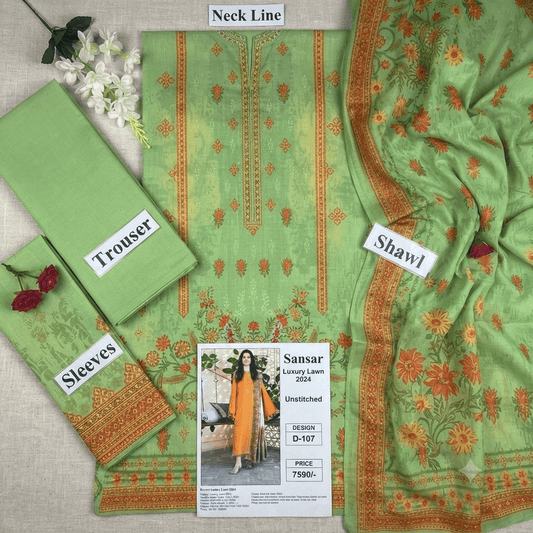 RIVAJ mint green embroidered lawn 3-piece suit with kurta, trousers and shawl