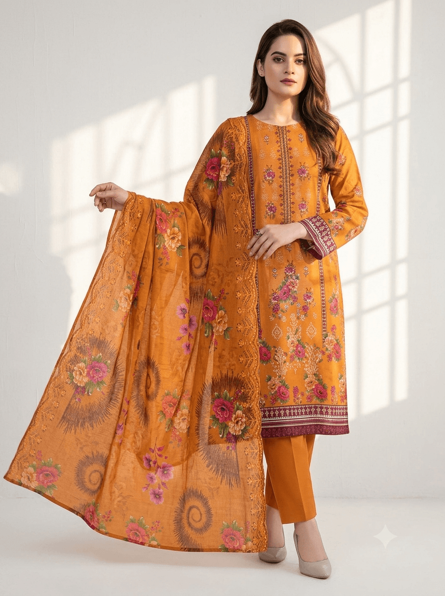 Camel brown embroidered lawn 3-piece suit with matching dupatta by RIVAJ