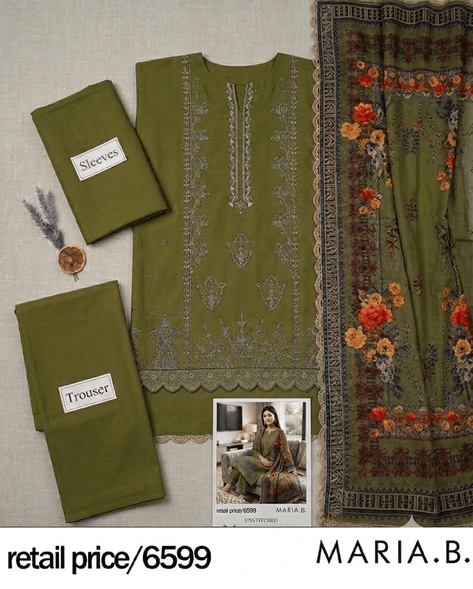 Olive green embroidered lawn 3-piece unstitched suit set by RIVAJ with matching trousers and floral-printed dupatta