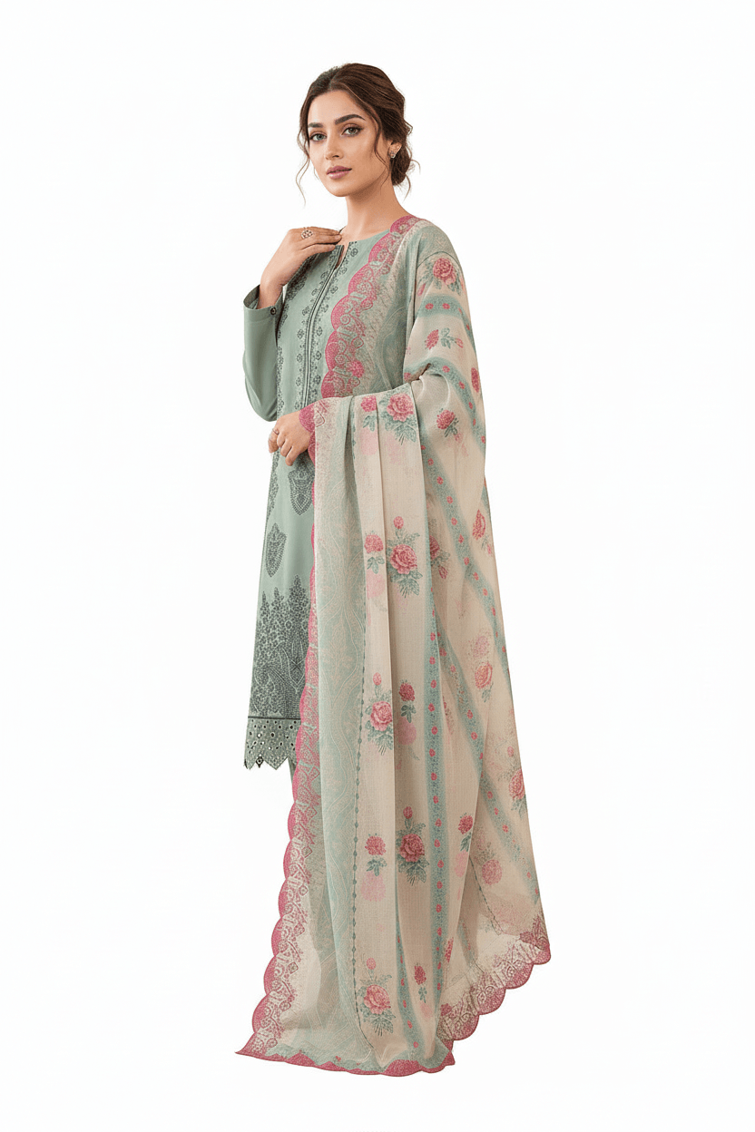 RIVAJ Frozen blue Embroidered Lawn 3-Piece unstitched suit set with pink-bordered dupatta