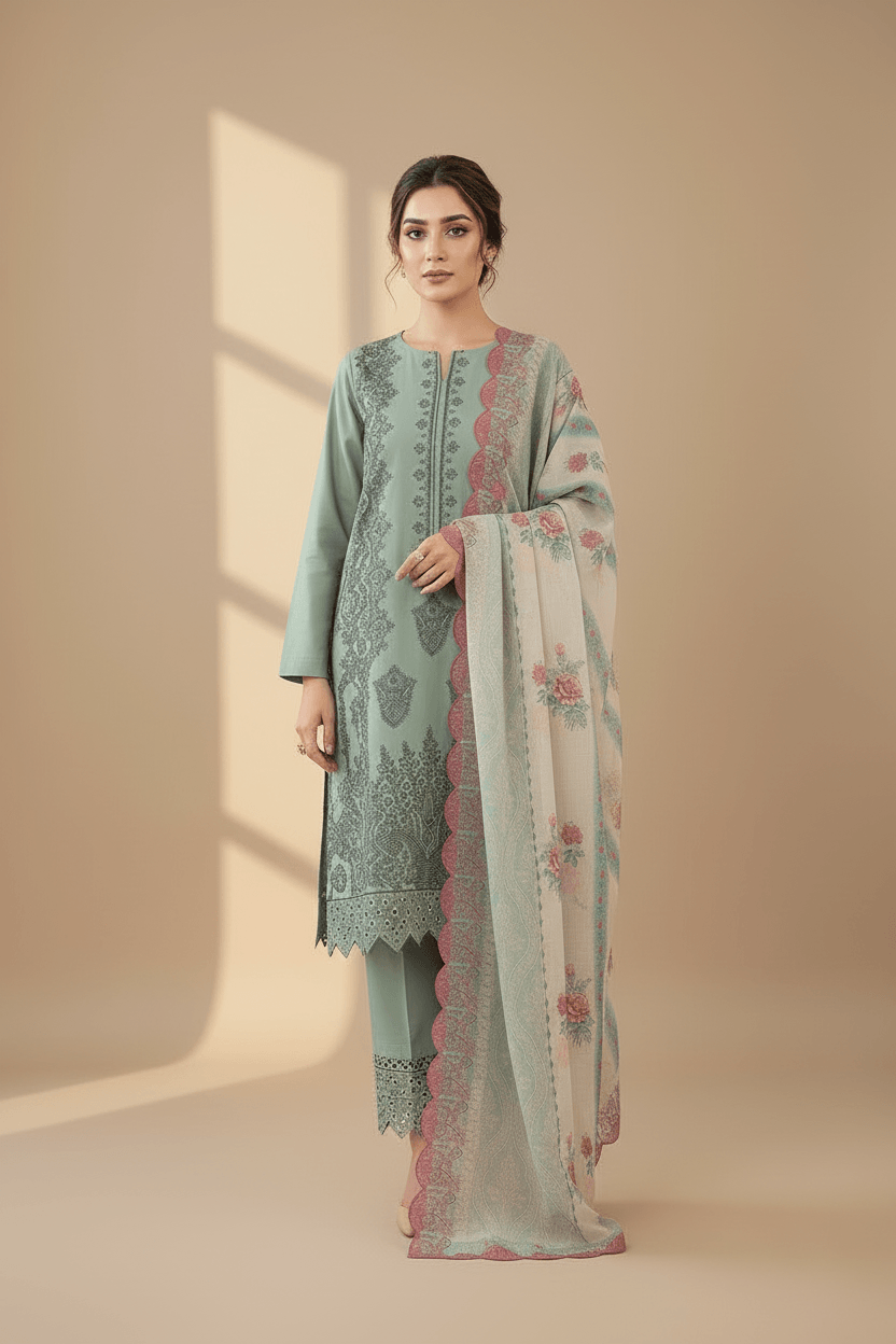 Frozen blue Embroidered Lawn 3-Piece unstitched suit set by RIVAJ with matching floral dupatta
