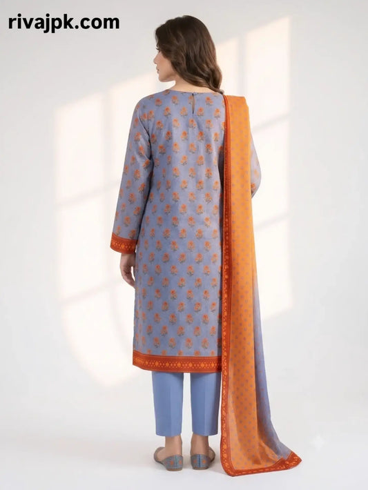 RIVAJ Slate Blue Embroidered 3-Piece Lawn Suit with orange dupatta