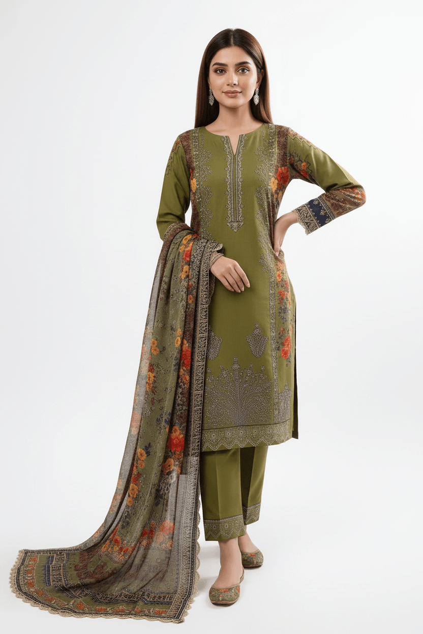 RIVAJ olive green embroidered lawn 3-piece unstitched suit set with floral dupatta