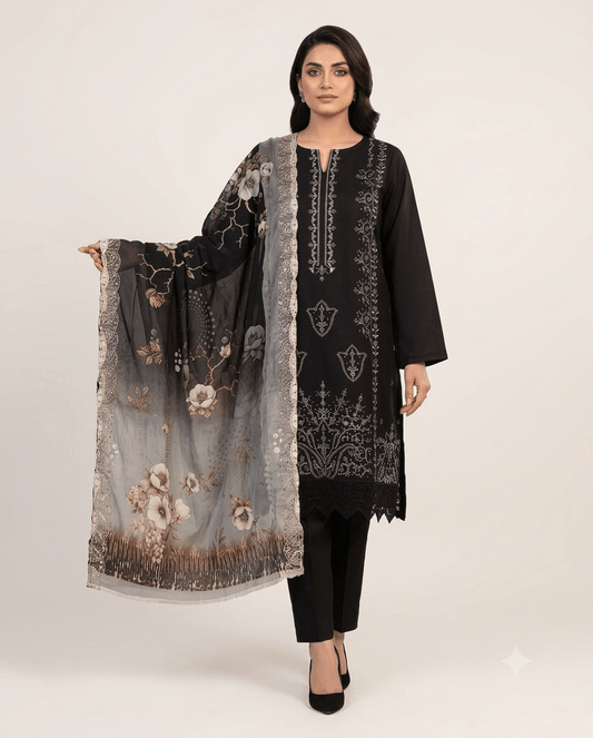 RIVAJ Classic Black Embroidered Lawn 3-Piece Unstitched Suit Set; black kameez with silver embroidery and dupatta