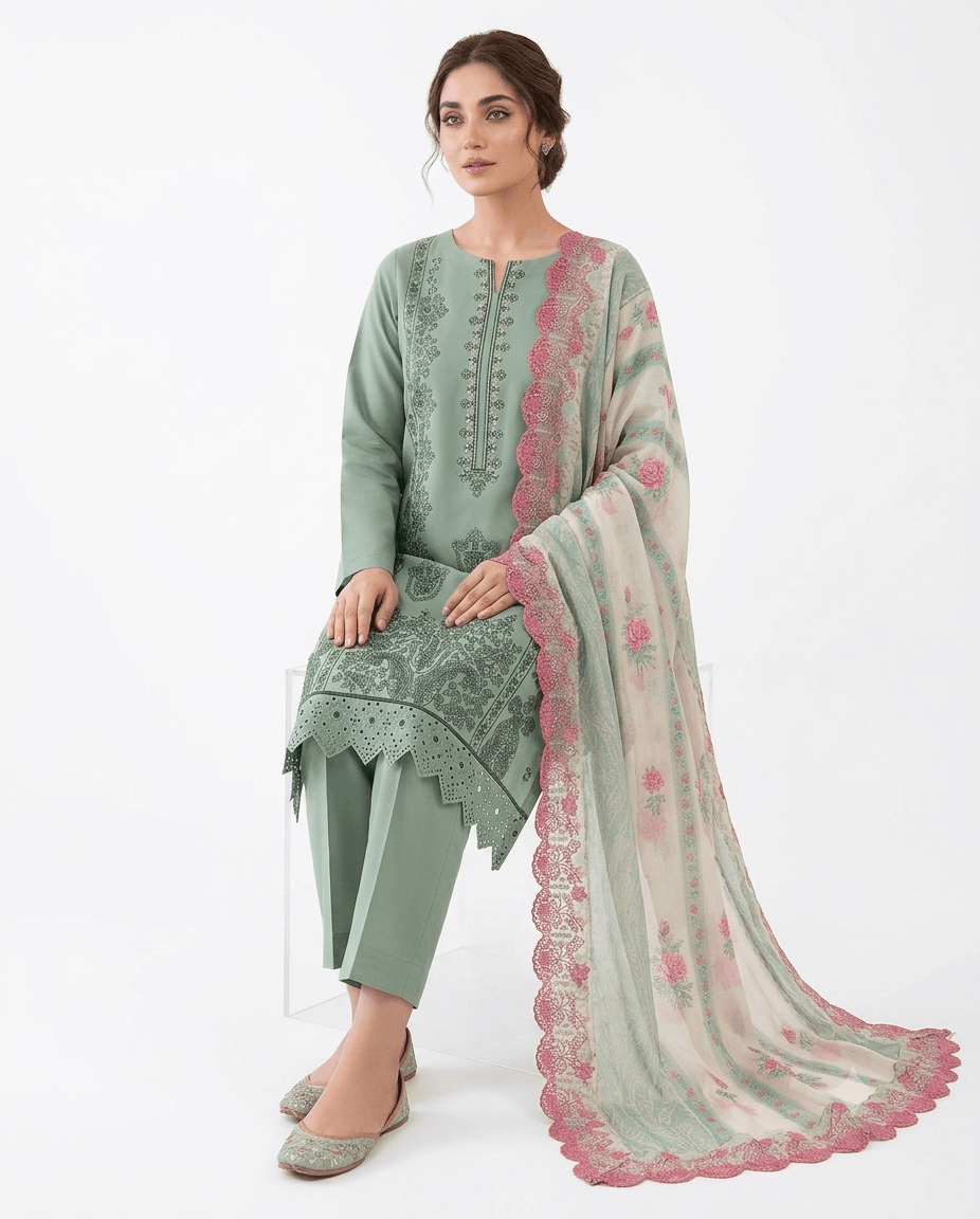 Frozen blue embroidered lawn 3-piece unstitched suit set by RIVAJ with matching pants and pink-bordered dupatta