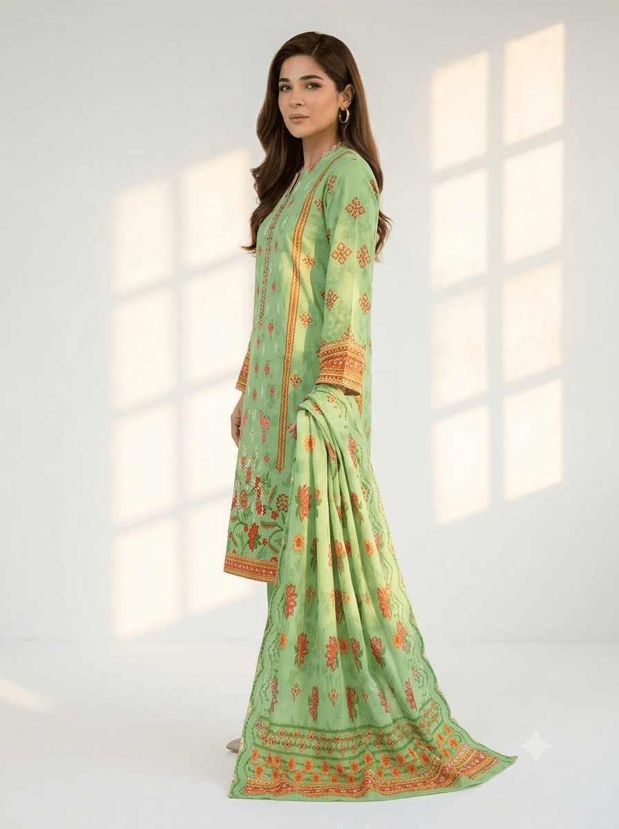 Mint green embroidered lawn 3-piece suit by RIVAJ worn by model