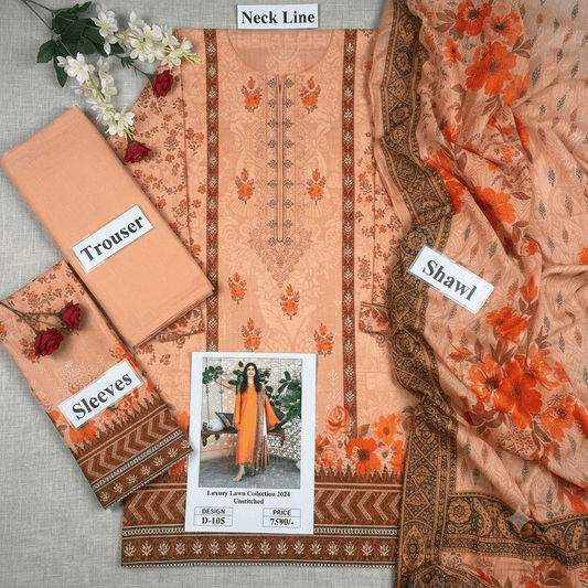 RIVAJ Peach Floral Embroidered Lawn 3-Piece: peach lawn suit with embroidered kurti, matching trousers, and shawl.