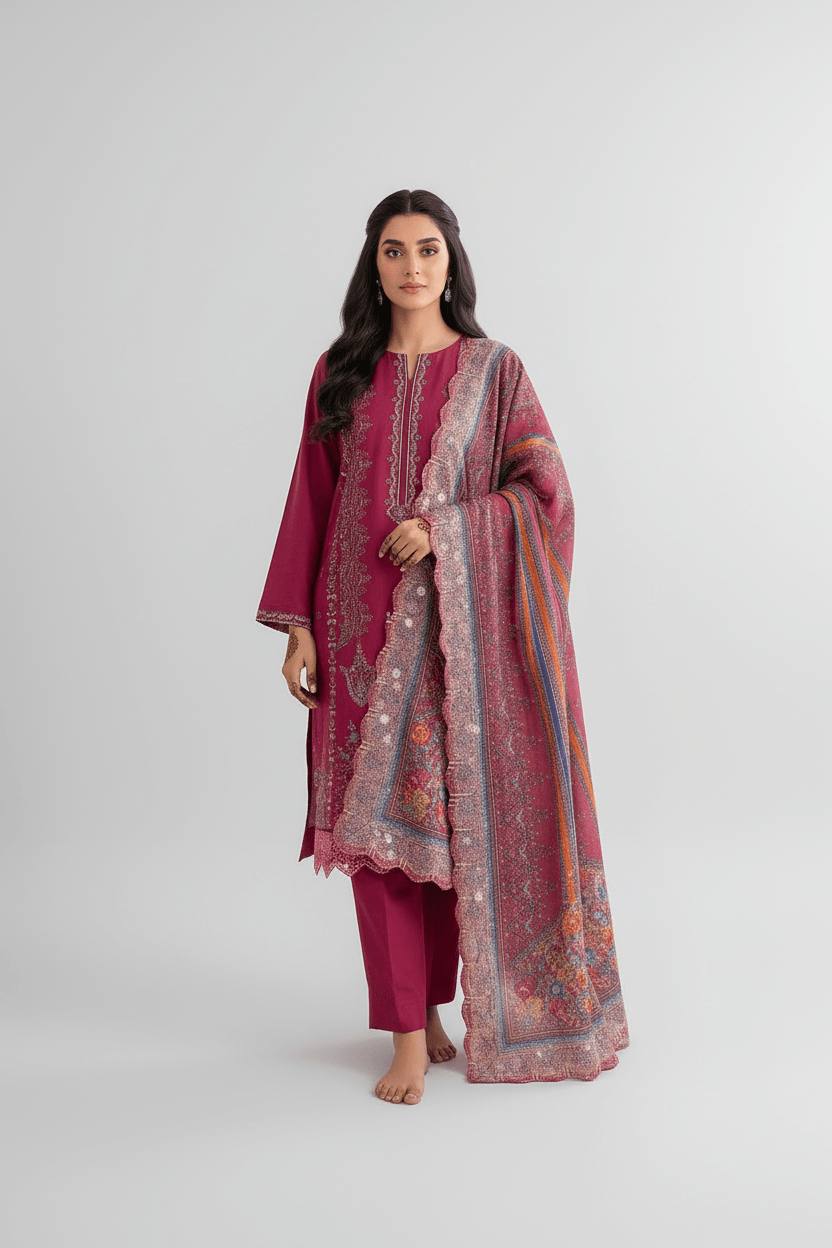 Magenta Pink Embroidered Lawn 3-Piece Unstitched Suit Set by RIVAJ with ornate bordered dupatta