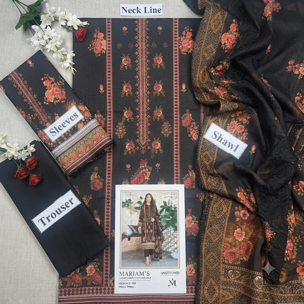 Jet black floral embroidered lawn 3-piece suit by RIVAJ; includes top, sleeves, trousers, and shawl.