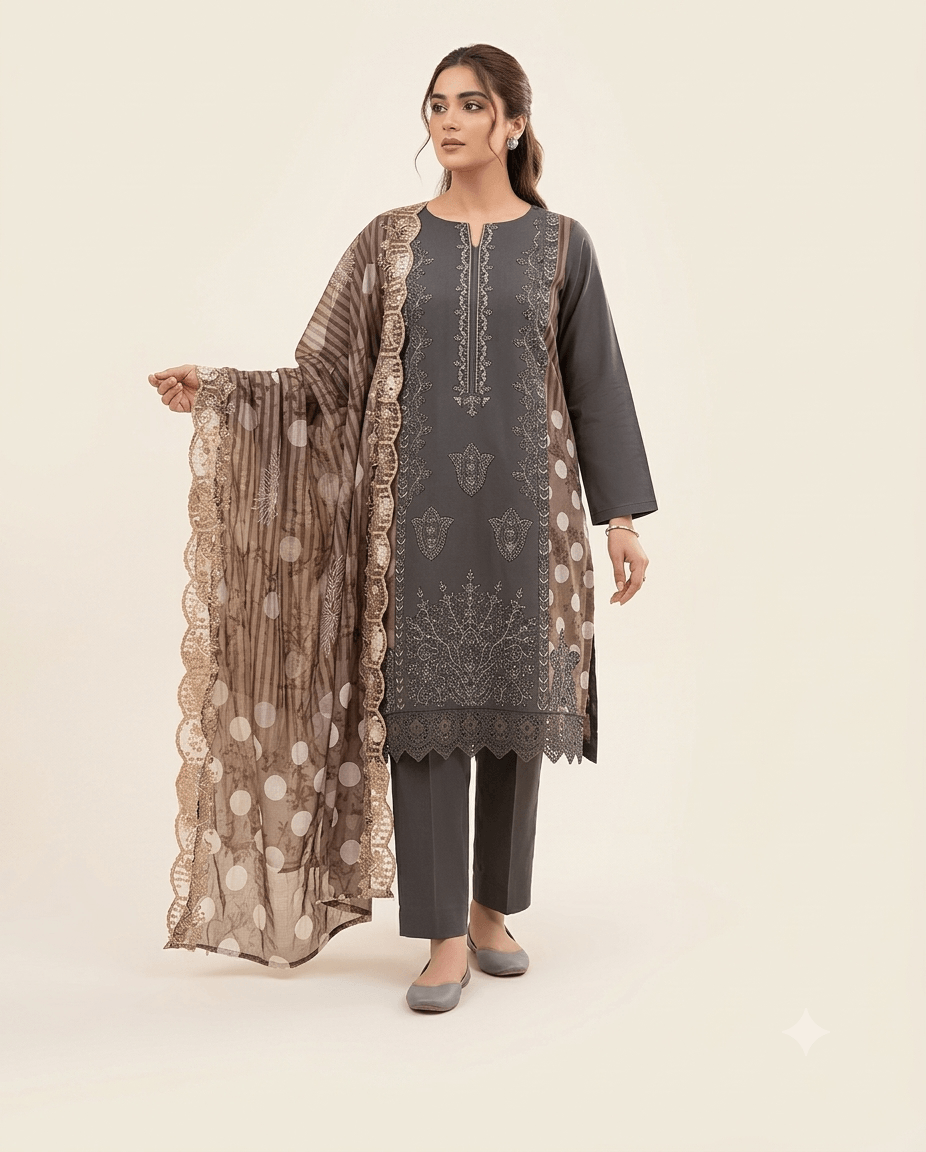 Charcoal grey embroidered lawn 3-piece unstitched suit set by RIVAJ, includes shirt, trousers and brown printed dupatta