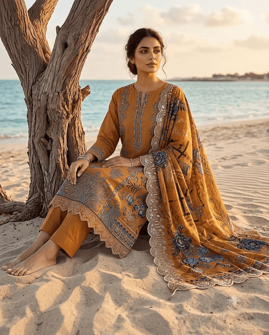 Golden Ornate Embroidered Lawn 3-Piece unstitched suit set in mustard with silver lace embroidery and dupatta by RIVAJ