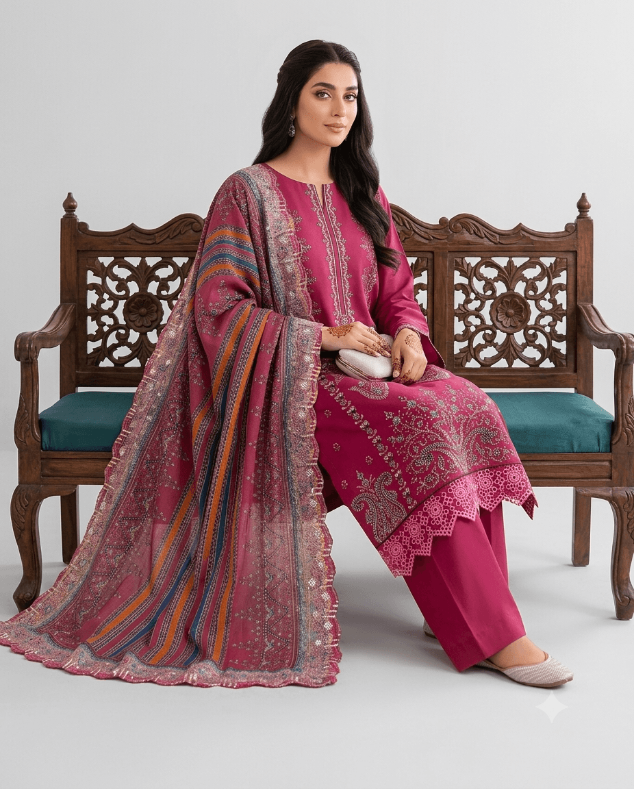 Magenta pink embroidered lawn 3-piece unstitched suit set with multicolor striped dupatta.