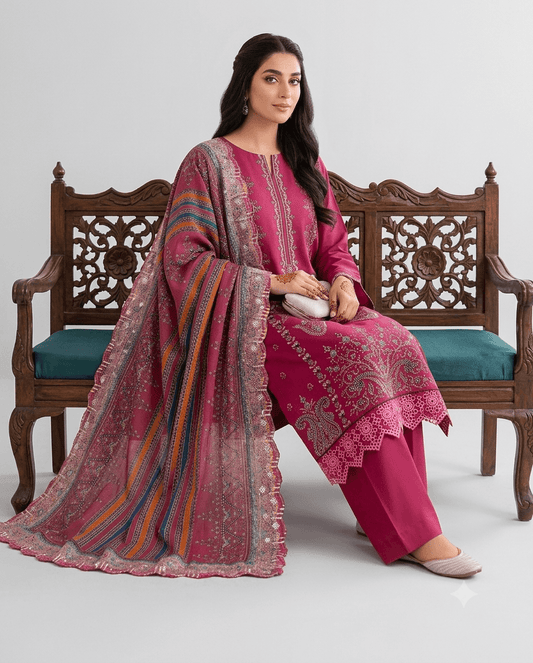Magenta pink embroidered lawn 3-piece unstitched suit set with multicolor striped dupatta.