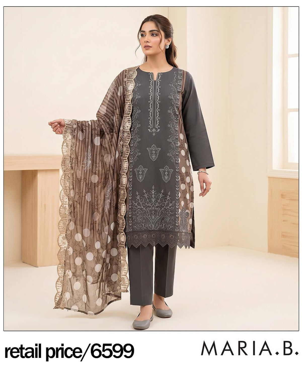 RIVAJ charcoal grey embroidered lawn 3-piece unstitched suit set with beige printed dupatta