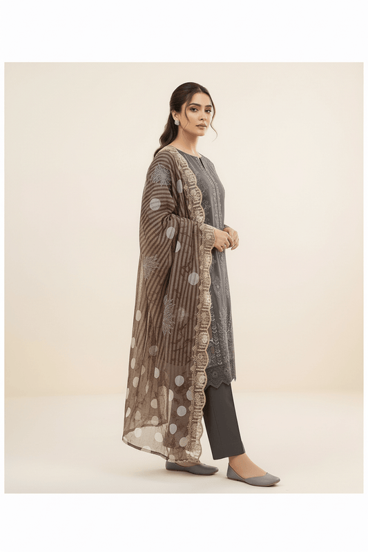 Charcoal grey embroidered lawn 3-piece unstitched suit set by RIVAJ with brown dotted dupatta and lace border