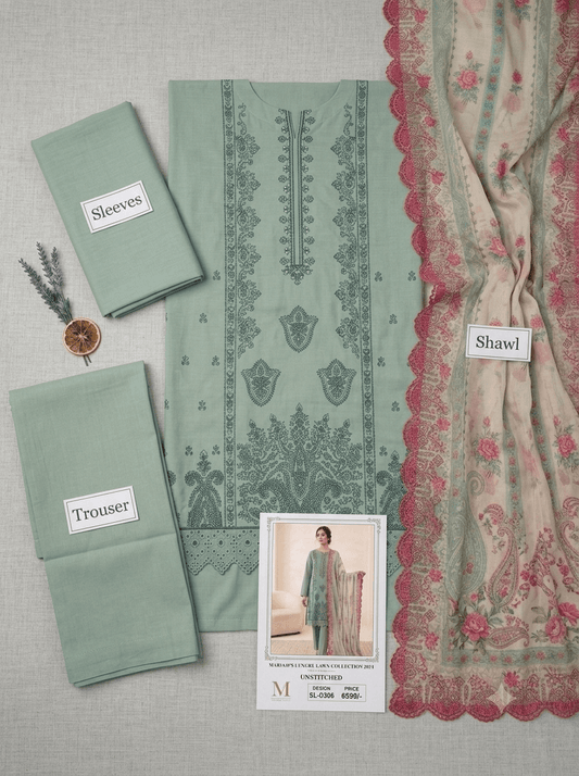RIVAJ Frozen blue Embroidered Lawn 3-Piece unstitched suit set: mint kurta, matching trousers, floral shawl
