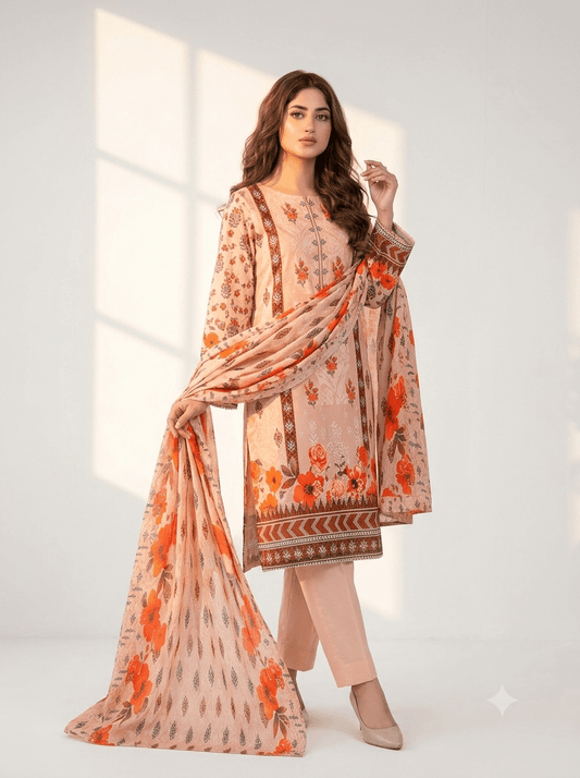 Peach Floral Embroidered Lawn 3-Piece suit by RIVAJ with matching pants and dupatta
