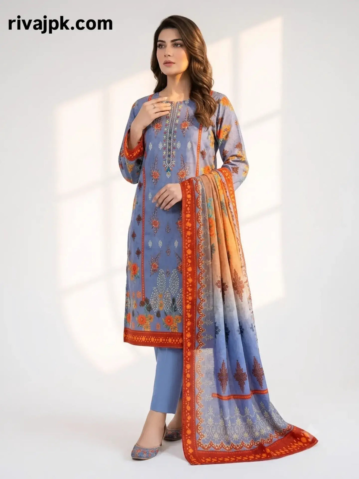 Slate blue embroidered 3-piece lawn suit by RIVAJ with orange border and matching dupatta