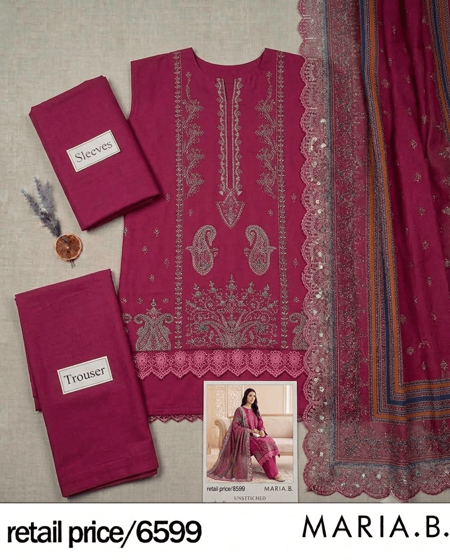 Magenta pink embroidered lawn 3-piece unstitched suit set by MARIA.B