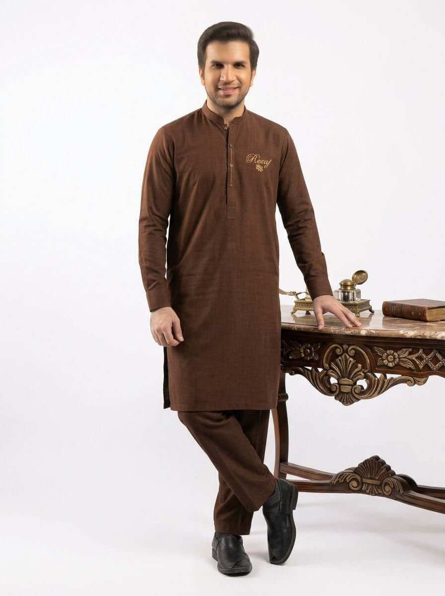 Dark Brown Matte Finish Unstitched Suit