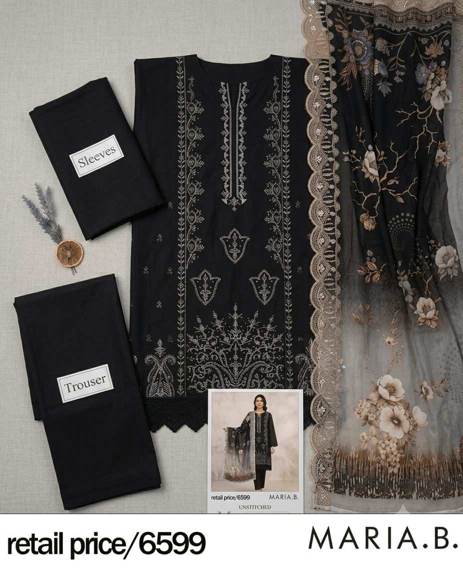 RIVAJ Classic Black Embroidered Lawn 3-Piece suit; black top, silver embroidery, matching trousers, floral dupatta