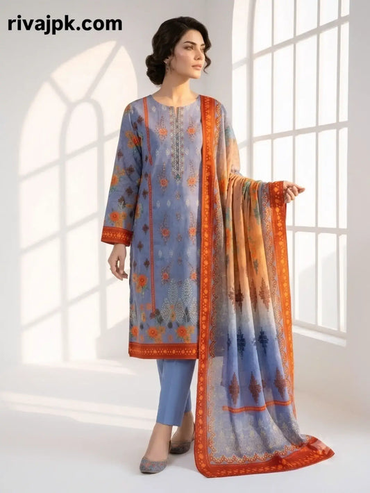Slate blue embroidered 3-piece lawn suit by RIVAJ with orange border dupatta