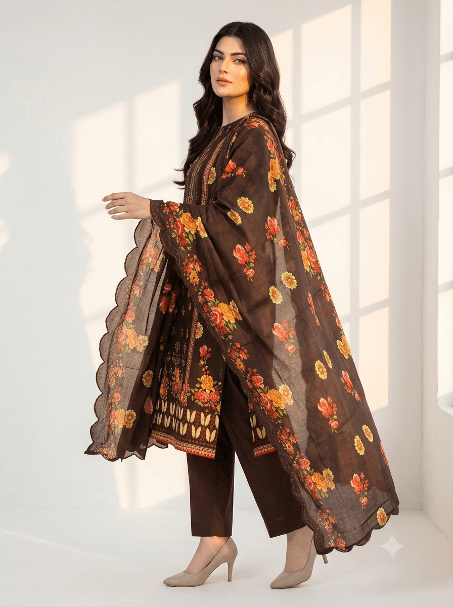RIVAJ chocolate brown embroidered lawn 3-piece suit with floral dupatta; model wearing matching pants.