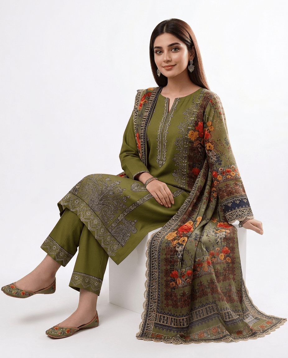 Olive green embroidered lawn 3-piece unstitched suit set by RIVAJ