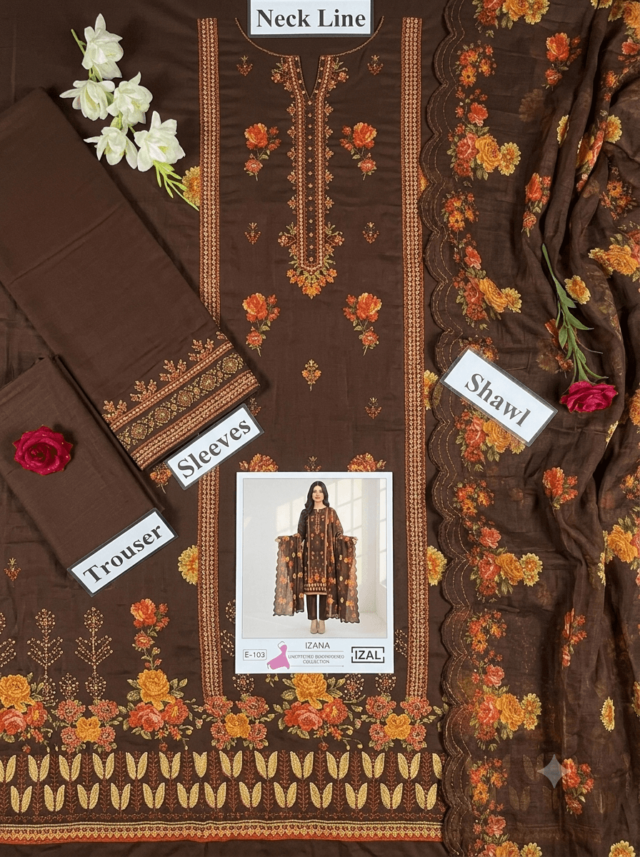 RIVAJ chocolate brown embroidered lawn 3-piece suit with floral borders; top, trousers, and shawl ensemble
