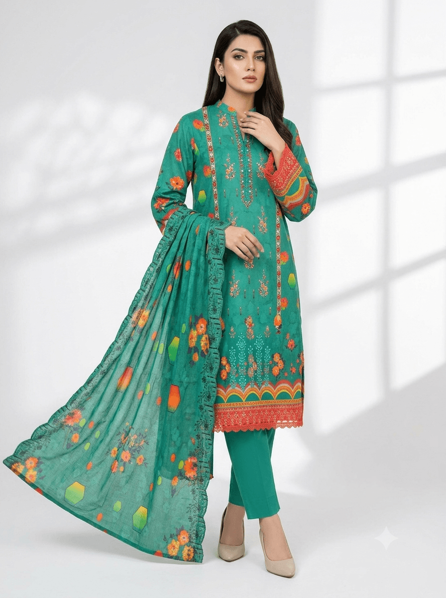 Emerald green embroidered lawn 3-piece suit with matching trousers and dupatta