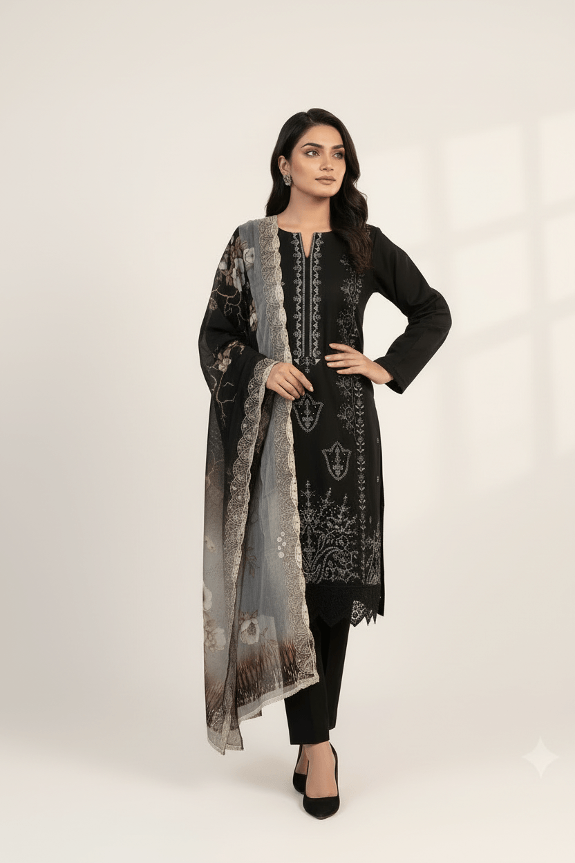 Classic Black Embroidered Lawn 3-Piece Unstitched Suit Set by RIVAJ with black kurti, pants, and sheer dupatta