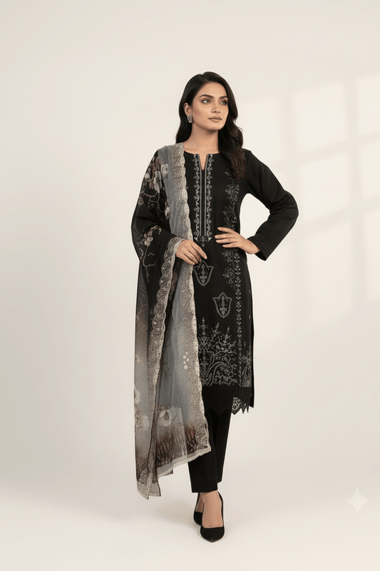 Classic Black Embroidered Lawn 3-Piece Unstitched Suit Set by RIVAJ with black kurti, pants, and sheer dupatta