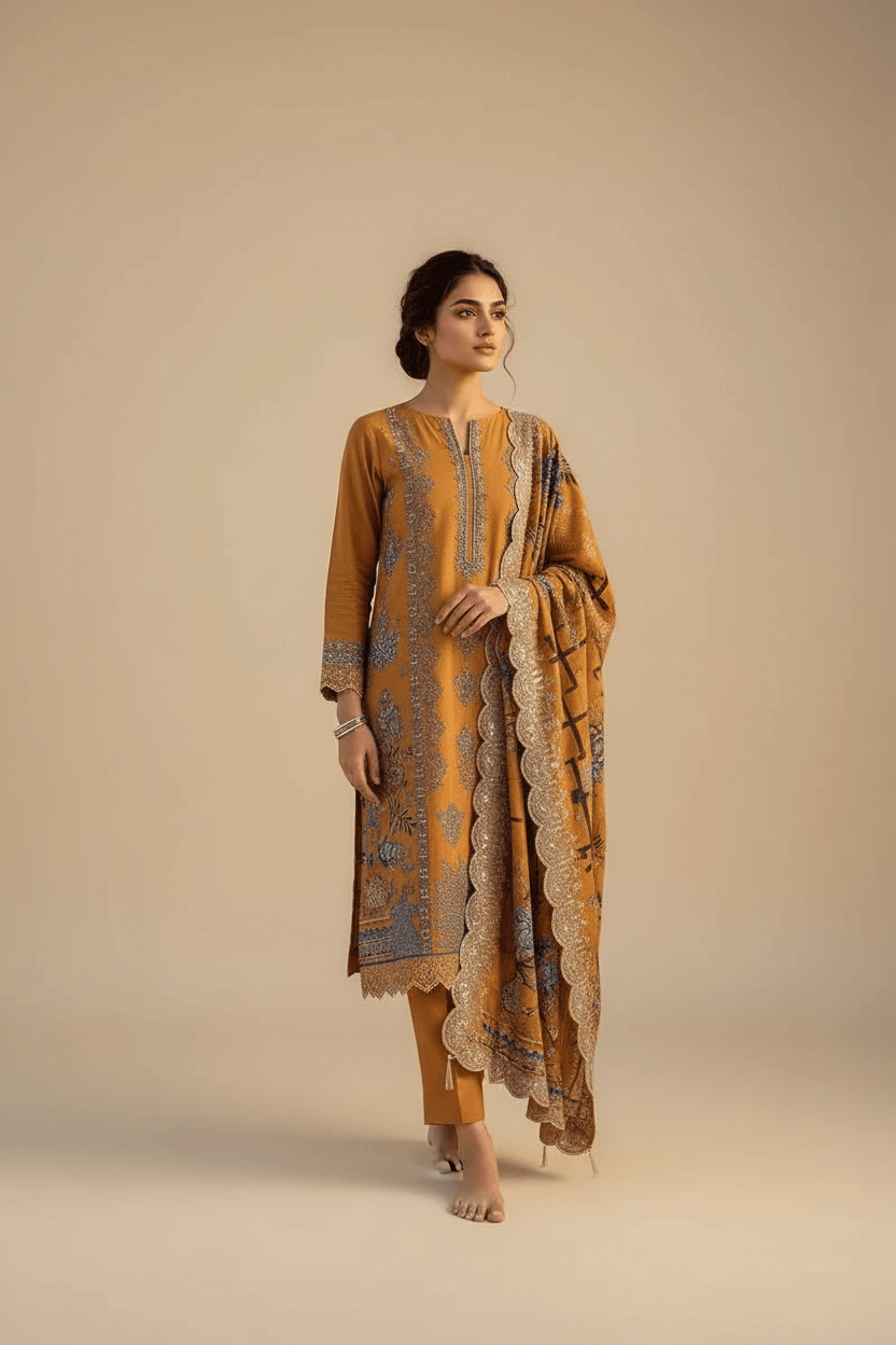 RIVAJ Golden Ornate Embroidered Lawn 3-Piece unstitched suit set in golden mustard with silver embroidery and dupatta