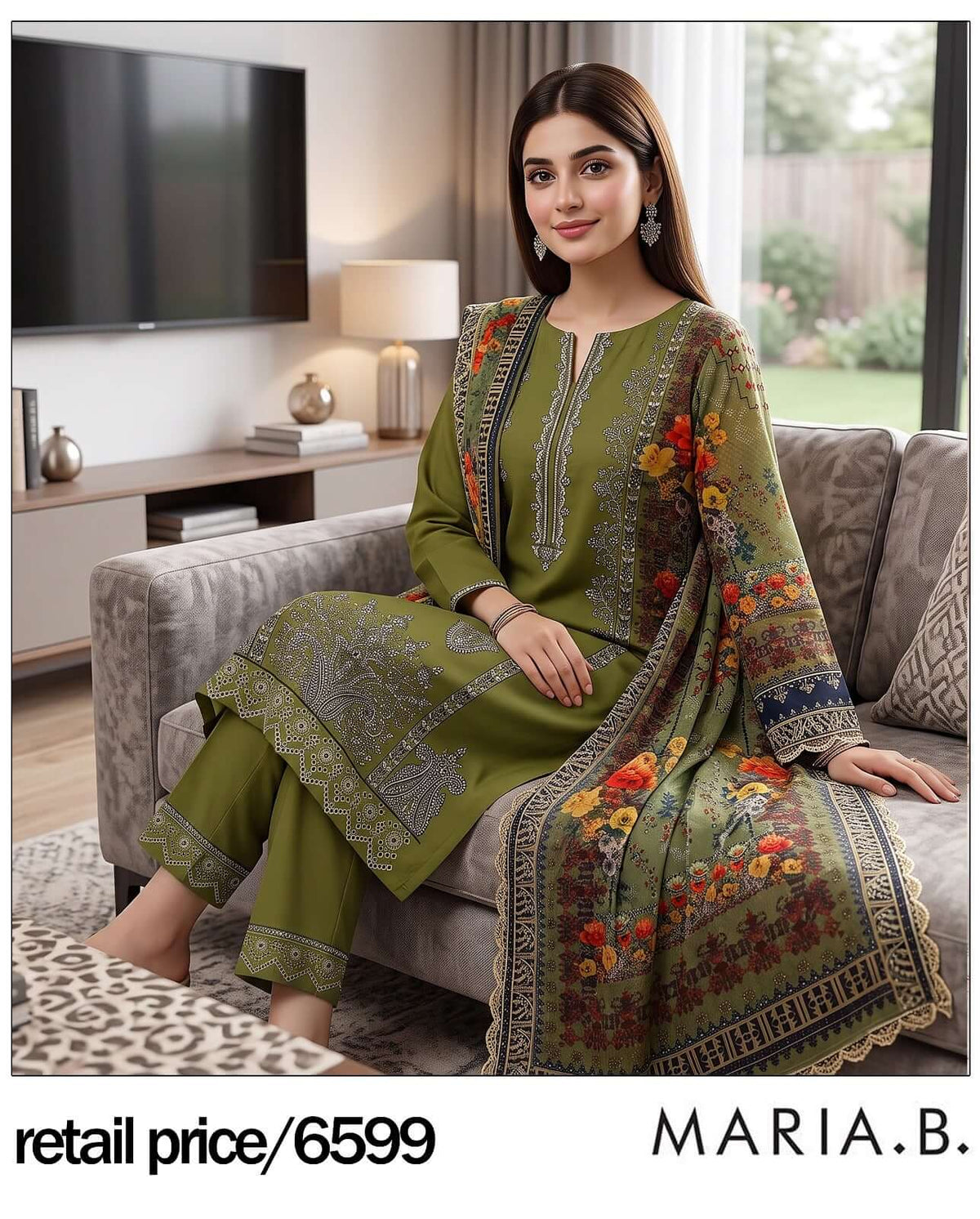 RIVAJ olive green embroidered lawn 3-piece unstitched suit set